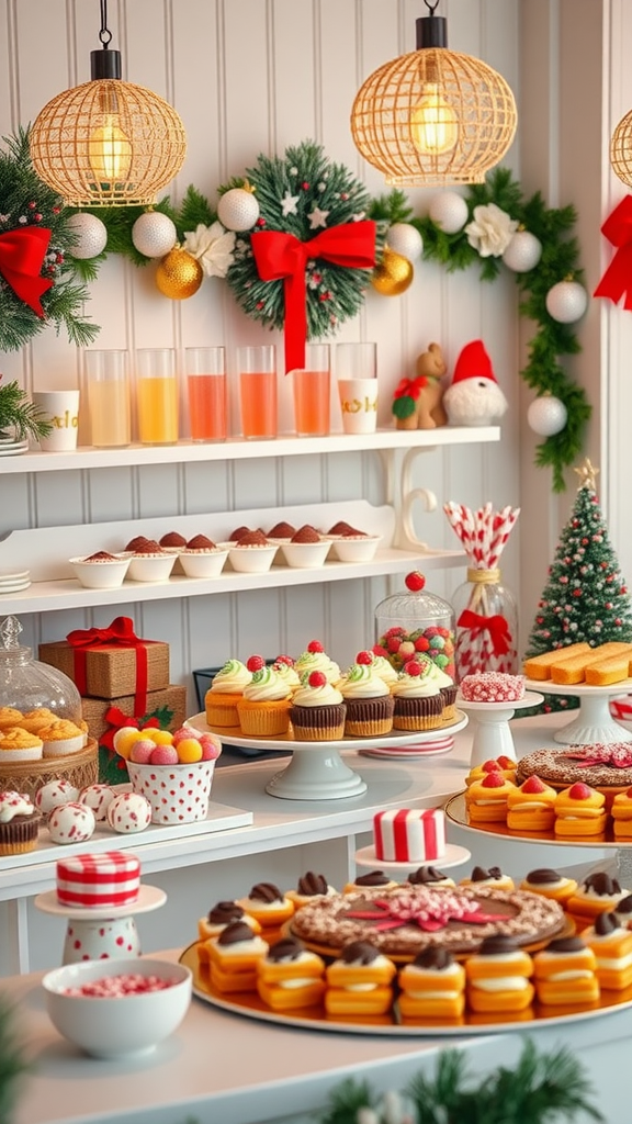 A festive dessert bar with colorful cupcakes, cookies, and candies for a New Year’s Eve party.