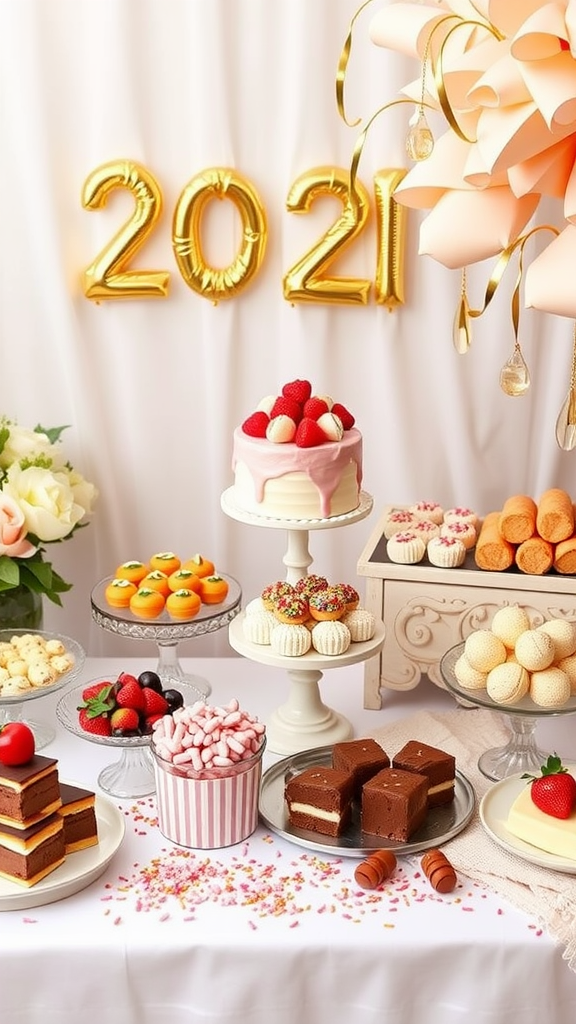 A festive dessert bar with various treats, including cakes, pastries, and decorations for a celebration.