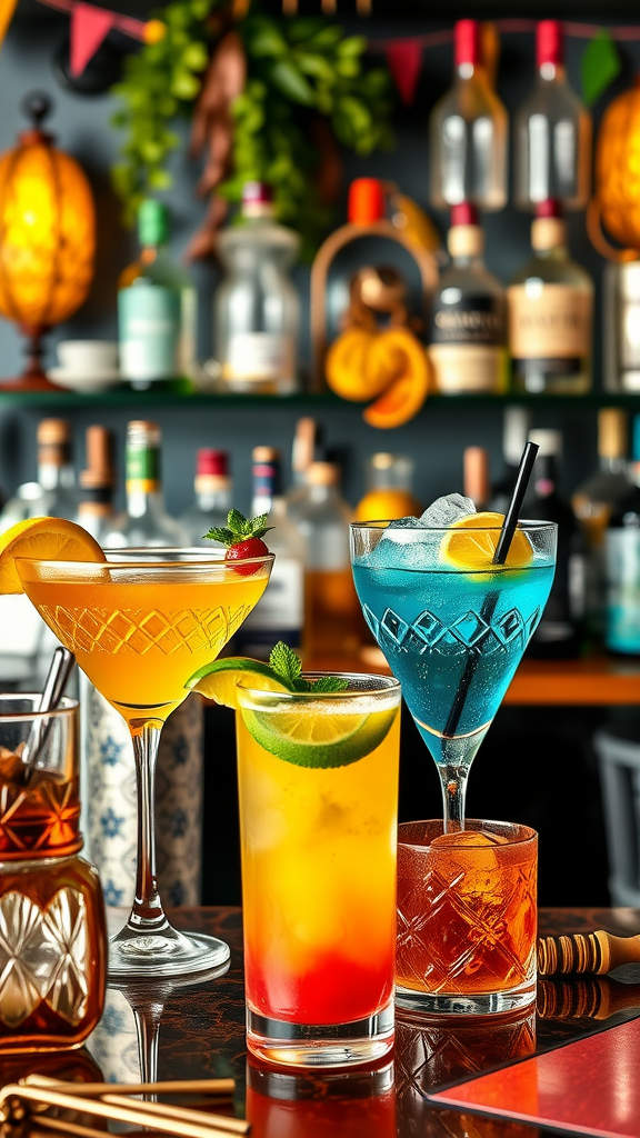 Colorful cocktails on a table, showcasing a vibrant drink station for a boho 50th birthday party.