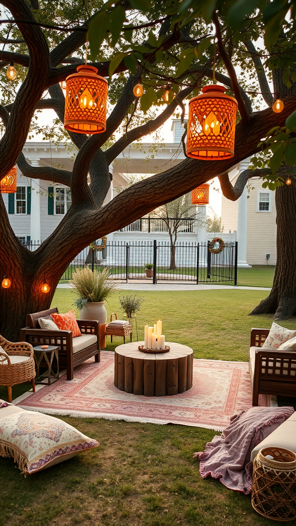 Outdoor celebration space with cozy seating, lanterns, and a central table