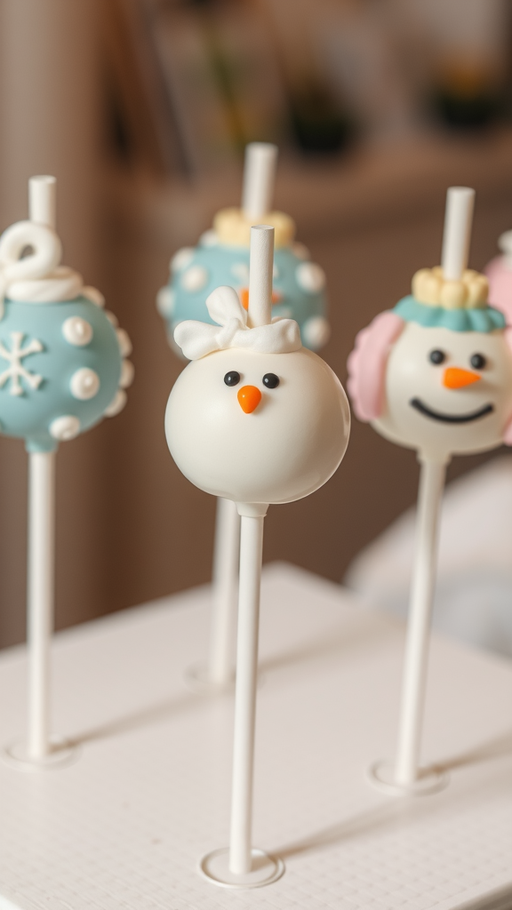 Winter themed cake pops decorated as snowmen and ornaments
