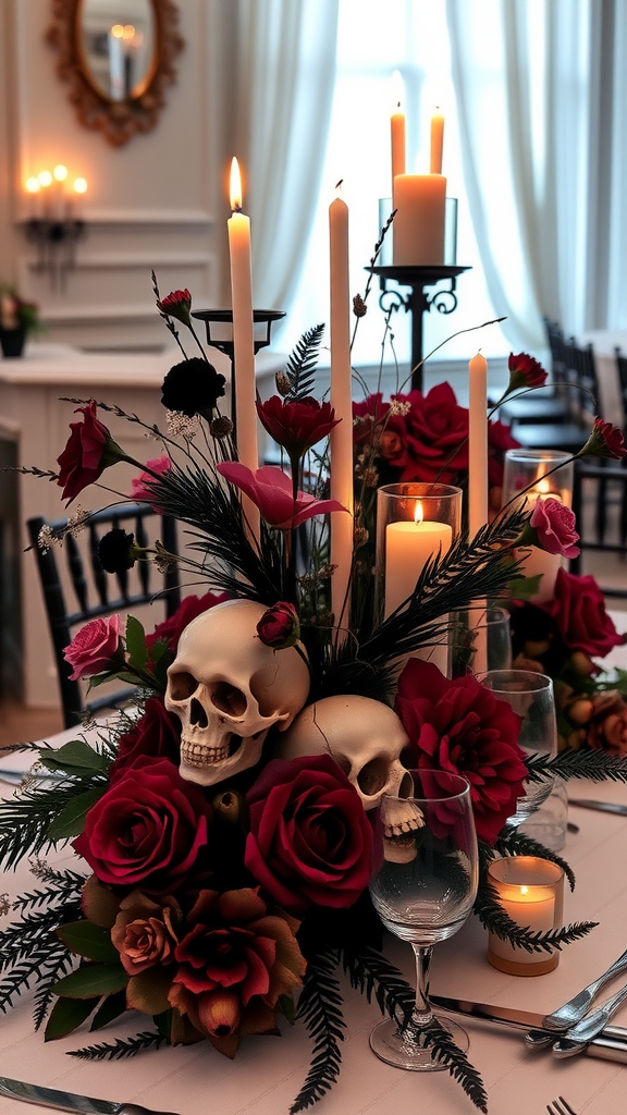 A decorative centerpiece featuring skulls, red roses, and candles, creating a gothic and romantic atmosphere.