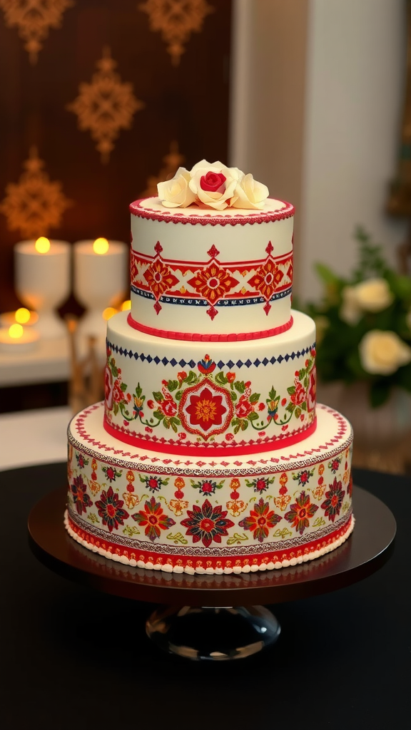 A beautifully decorated two-tier wedding cake with floral and geometric patterns