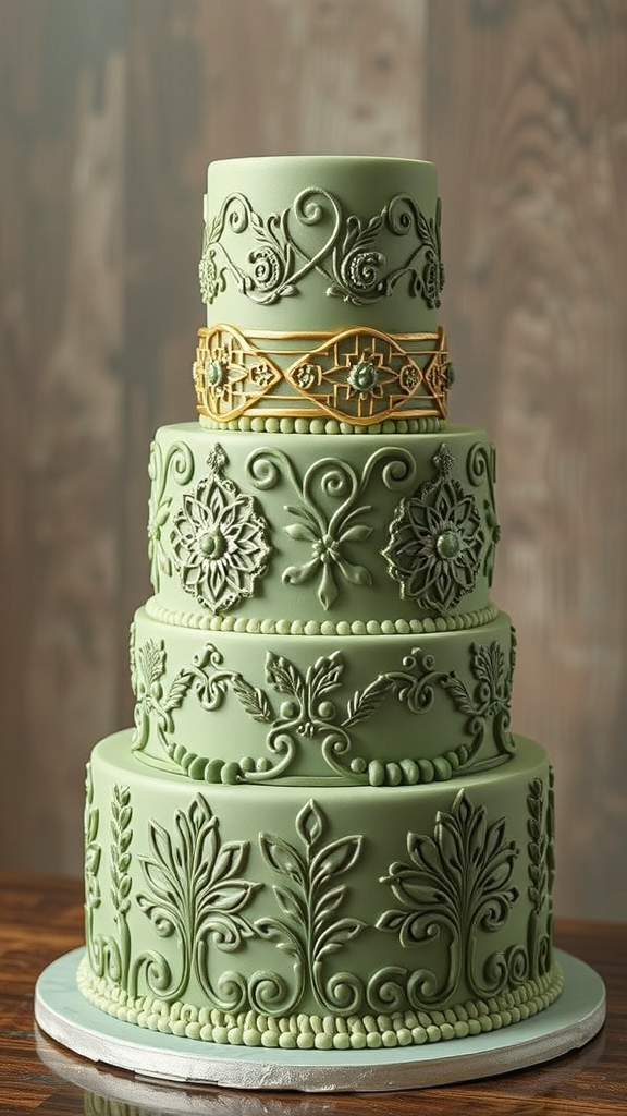 A beautifully designed 1 tier sage green wedding cake with intricate floral patterns and golden accents.