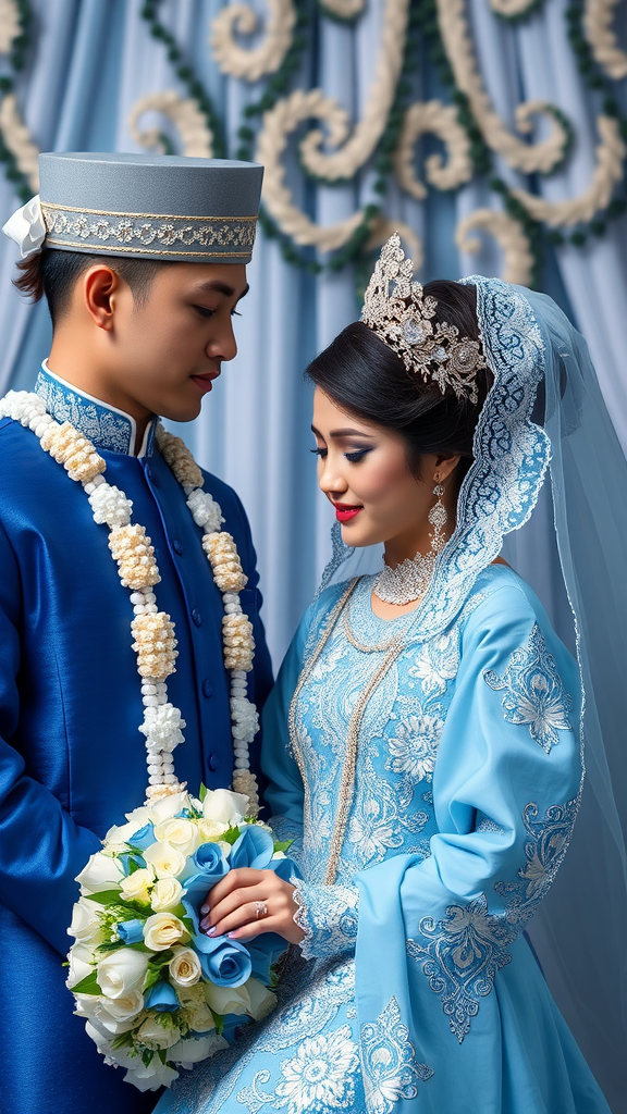 A couple in traditional wedding attire with a blue medieval wedding dress, showcasing cultural significance.