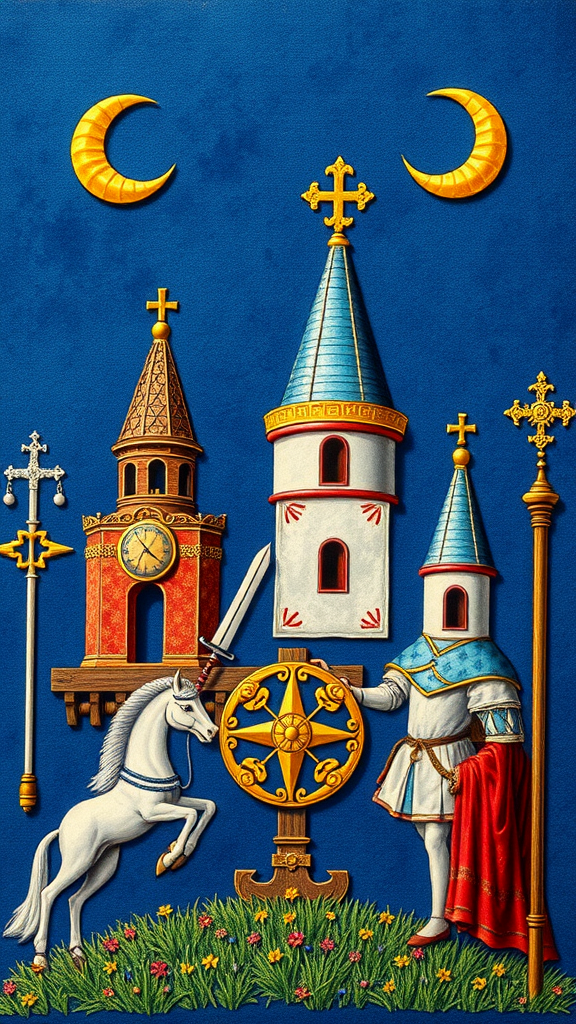 A medieval scene with blue background featuring towers, a knight, a unicorn, and celestial symbols.