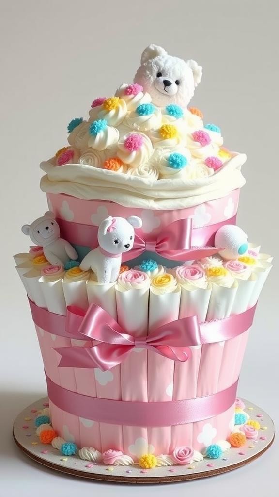 A cupcake inspired diaper cake with pastel colors and teddy bears on top.