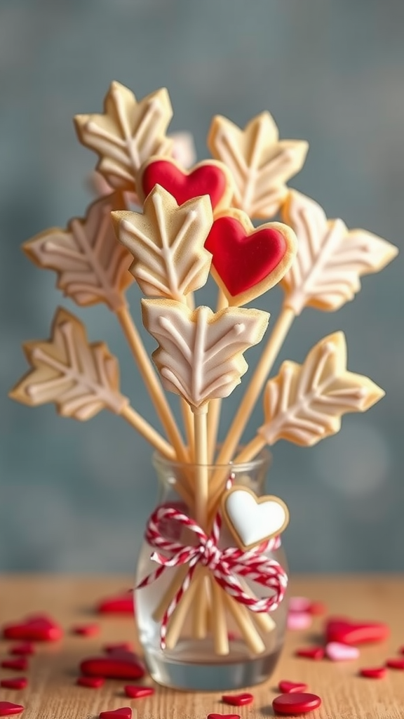 15 Adorable Valentine Baby Shower Sugar Cookies A colorful display of Cupid's arrow cookie pops in a jar, featuring heart and arrow shapes, perfect for a Valentine's Day or baby shower celebration.