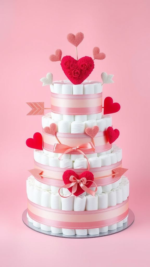 A cute Cupid's Arrow Diaper Cake with pink and red decorations, featuring hearts and ribbons.