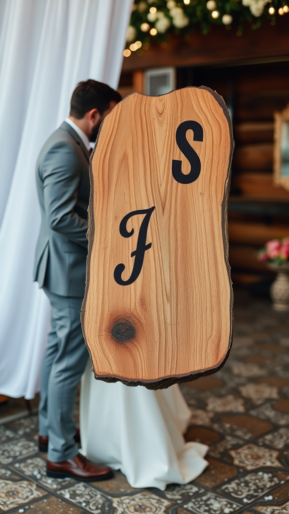 A wooden sign with initials 'J' and 'S' stands in the foreground, while a couple is seen in the background during a custom branding iron ceremony. Cowboy Wedding Entrance