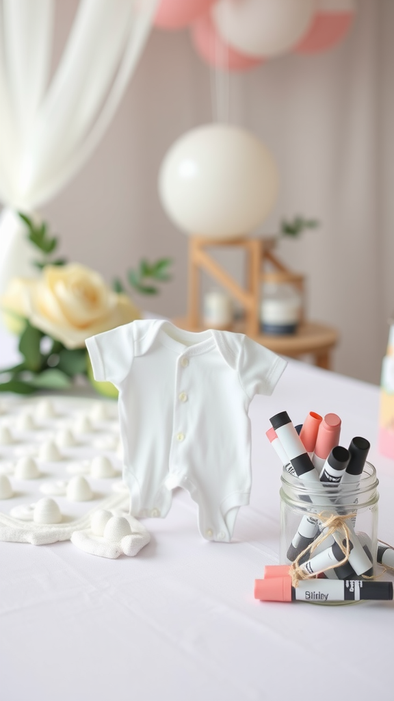 A white baby onesie on a table with colorful markers and decorative elements, set for a baby shower.