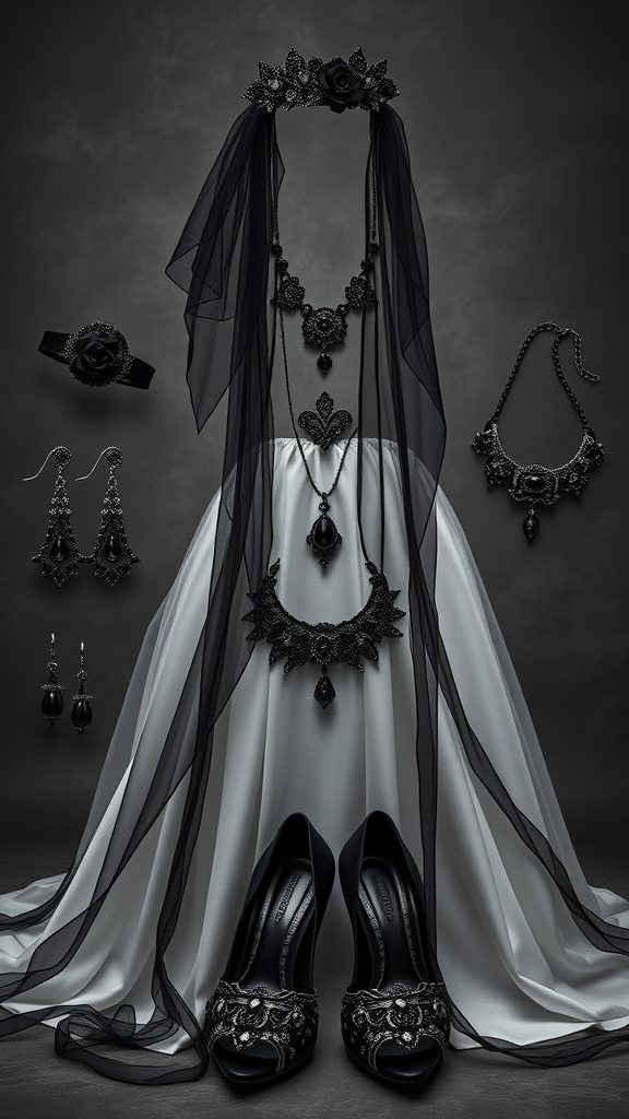 A collection of dark-themed bridal accessories including a wedding gown, veil, jewelry, and shoes, set against a dark background.