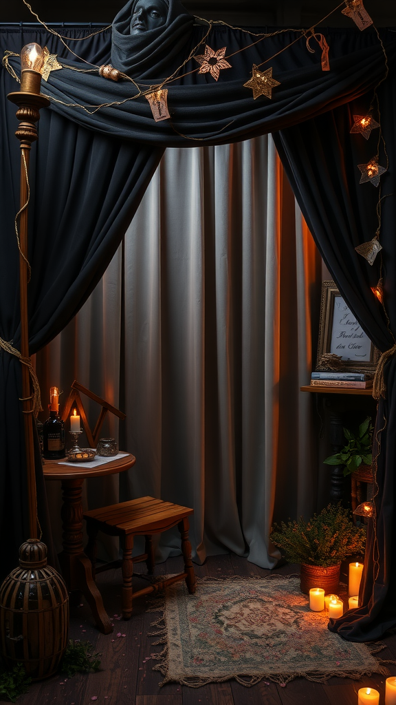 A dark and whimsical photo booth with black drapes, golden stars, a statue, candles, and a wooden table creating a magical atmosphere.
