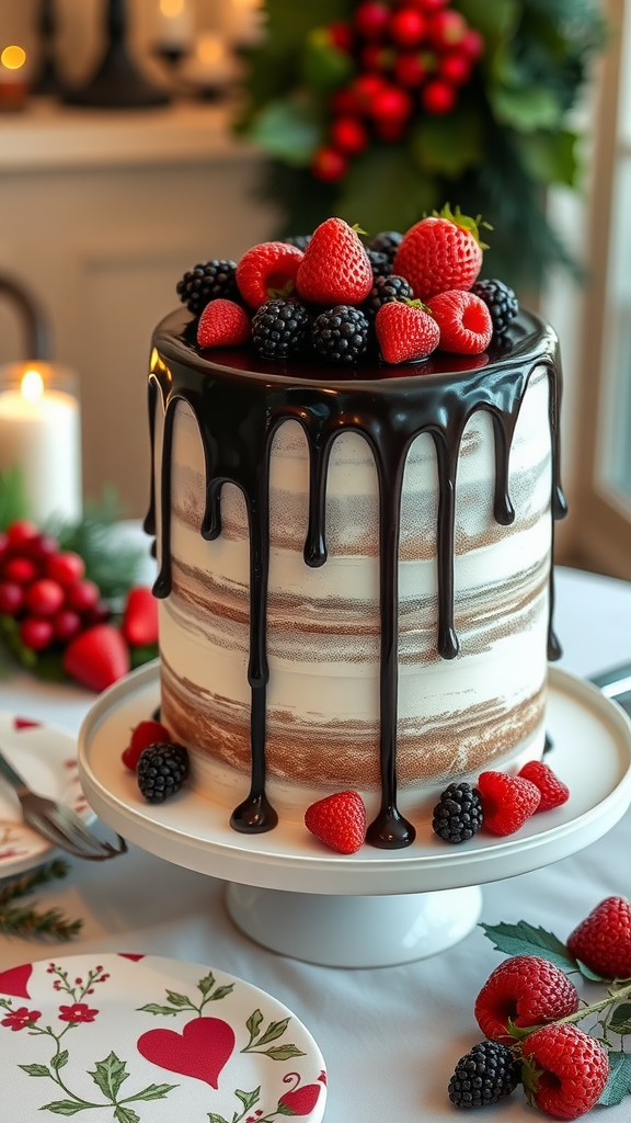 A beautifully decorated cake with dark chocolate ganache and fresh berries on top.