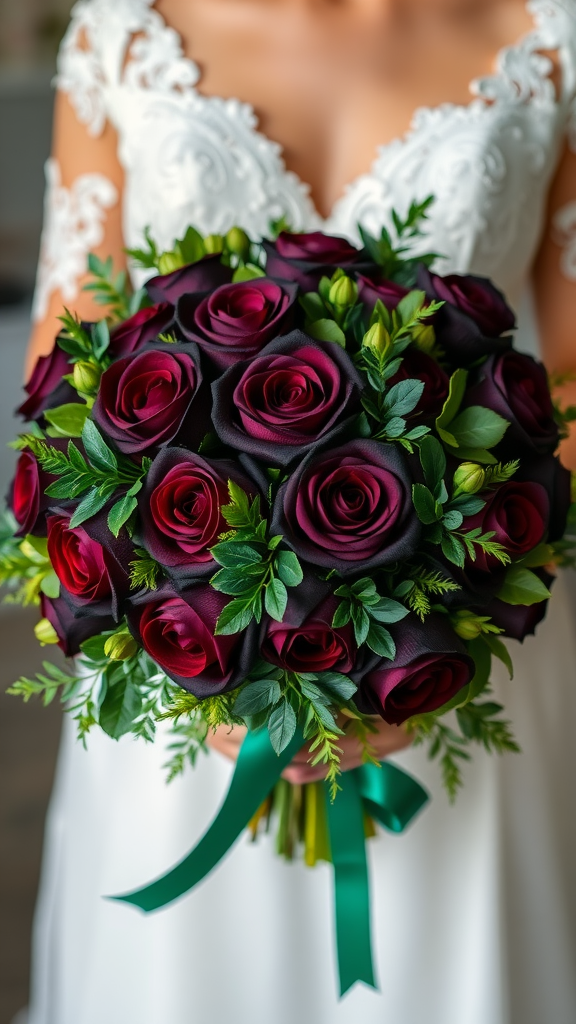 A beautiful dark floral bouquet featuring burgundy roses and lush greenery, tied with an emerald green ribbon.