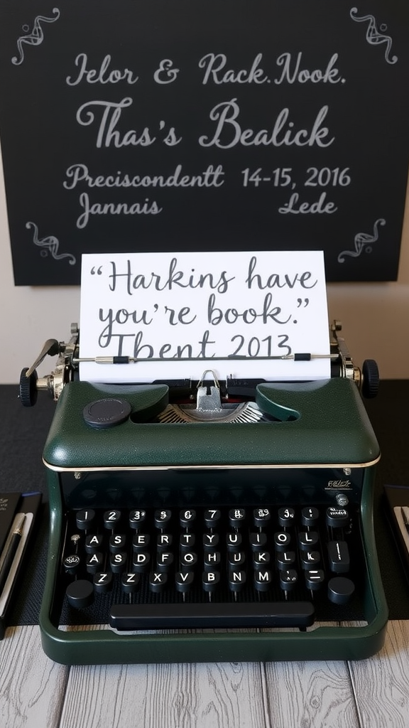A vintage green typewriter with a quote on paper, on a table with a decorative sign