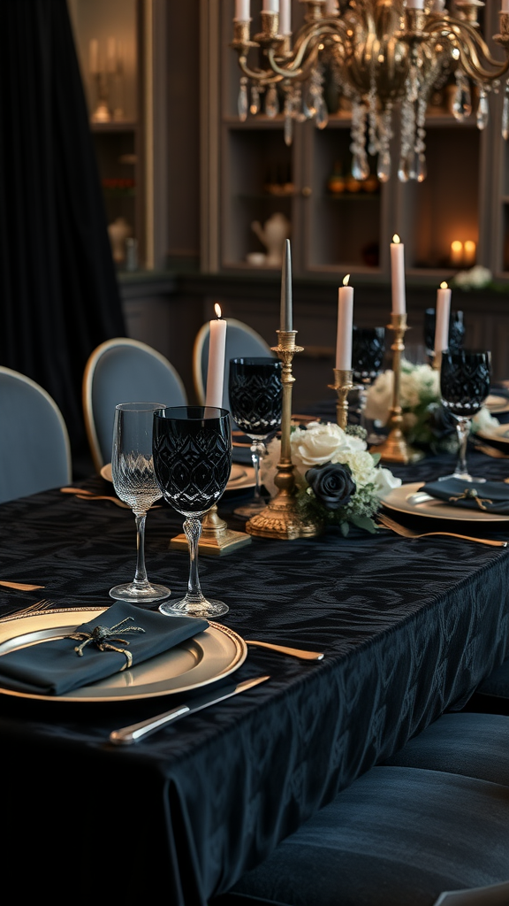 A beautifully arranged dark velvet table setting with black glassware, gold accents, and candles.