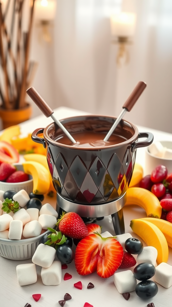A delicious chocolate fondue setup with various dipping options like fruits and marshmallows.