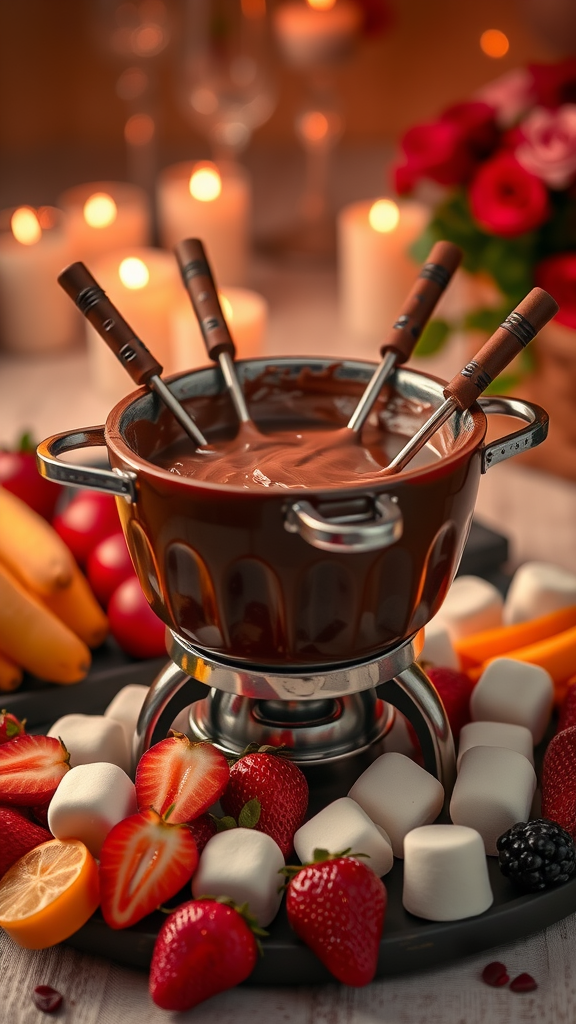Chocolate fondue pot surrounded by fresh fruits and marshmallows, with candles in the background. Valentine Lunch