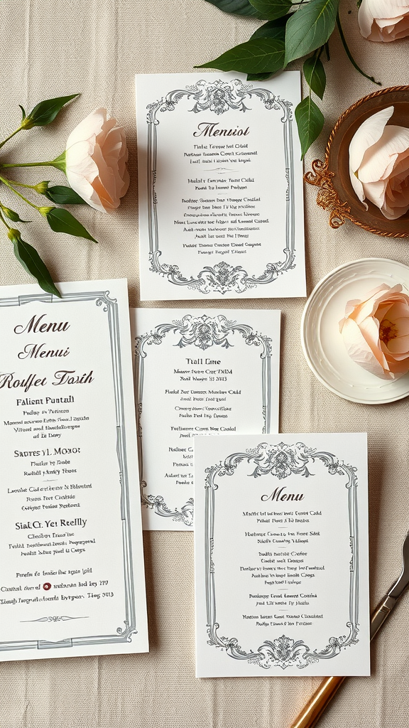 Elegant Rococo wedding stationery including menus and place cards