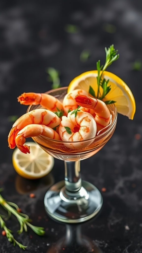 A beautifully presented shrimp cocktail with lemon and herbs.