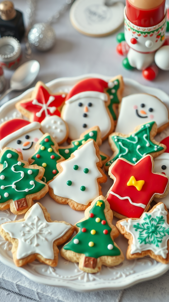 A plate of beautifully decorated holiday-themed cookies, including snowmen, Christmas trees, and stars.