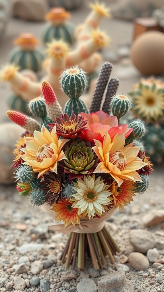 A vibrant earth tone wedding bouquet featuring cacti and colorful flowers, inspired by desert landscapes.