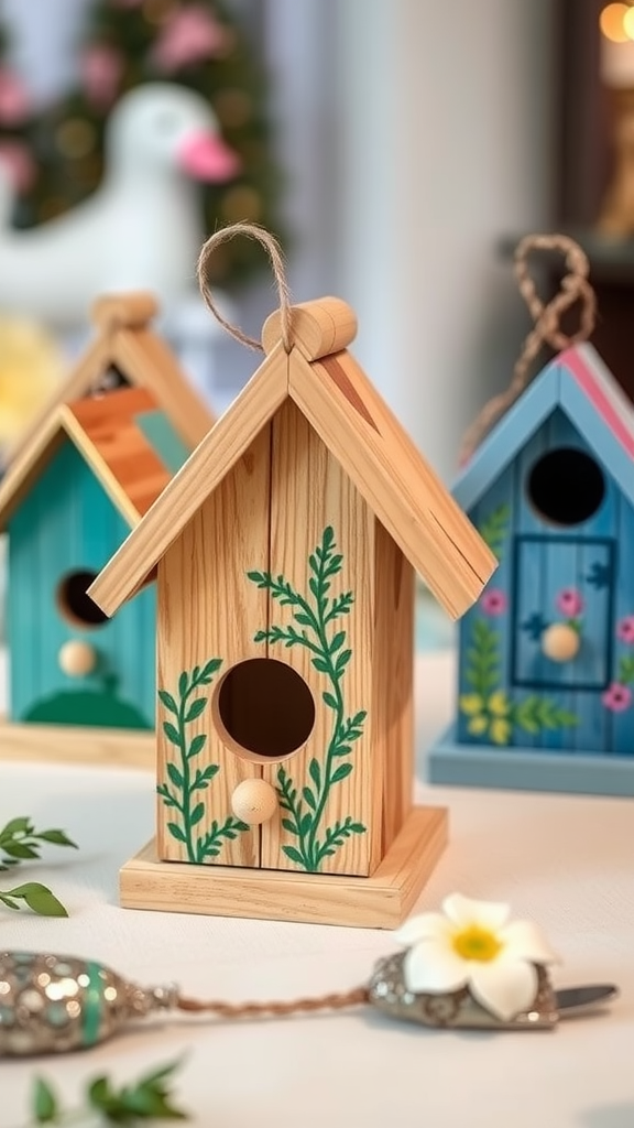 25 Creative Nesting Party Ideas for a Cozy Gathering Colorful DIY birdhouses decorated with floral designs, ready to be party favors. Nesting Party Ideas