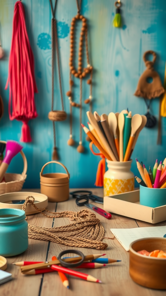 A vibrant DIY craft station with colorful supplies like yarn, pencils, and scissors on a wooden table.
