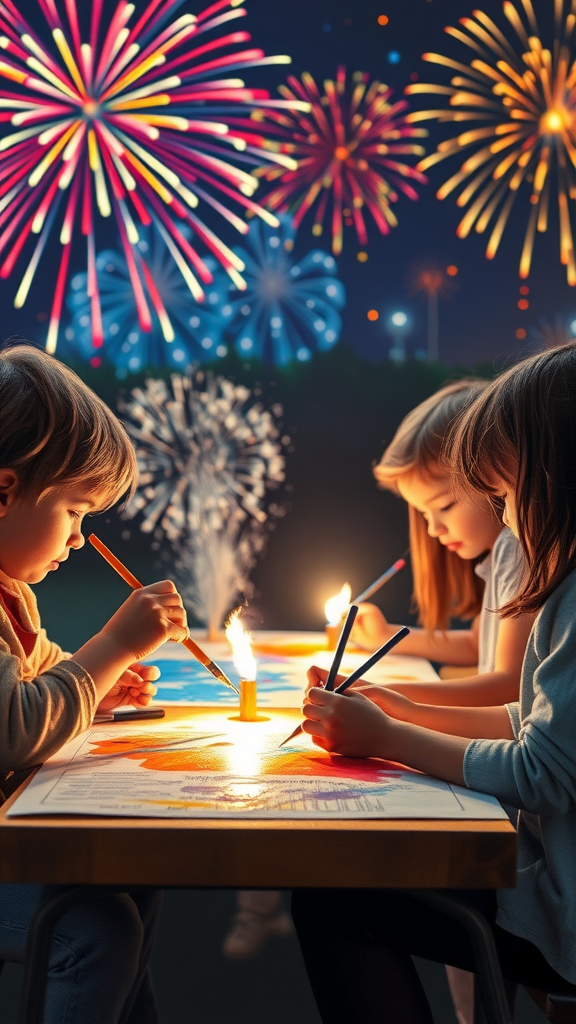 Children coloring with fireworks in the background