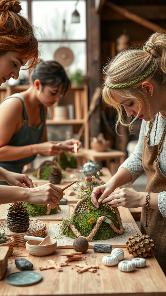 25 Creative Nesting Party Ideas for a Cozy Gathering A group of friends engaged in crafting nesting art projects using natural materials like moss and pinecones. Nesting Party Ideas