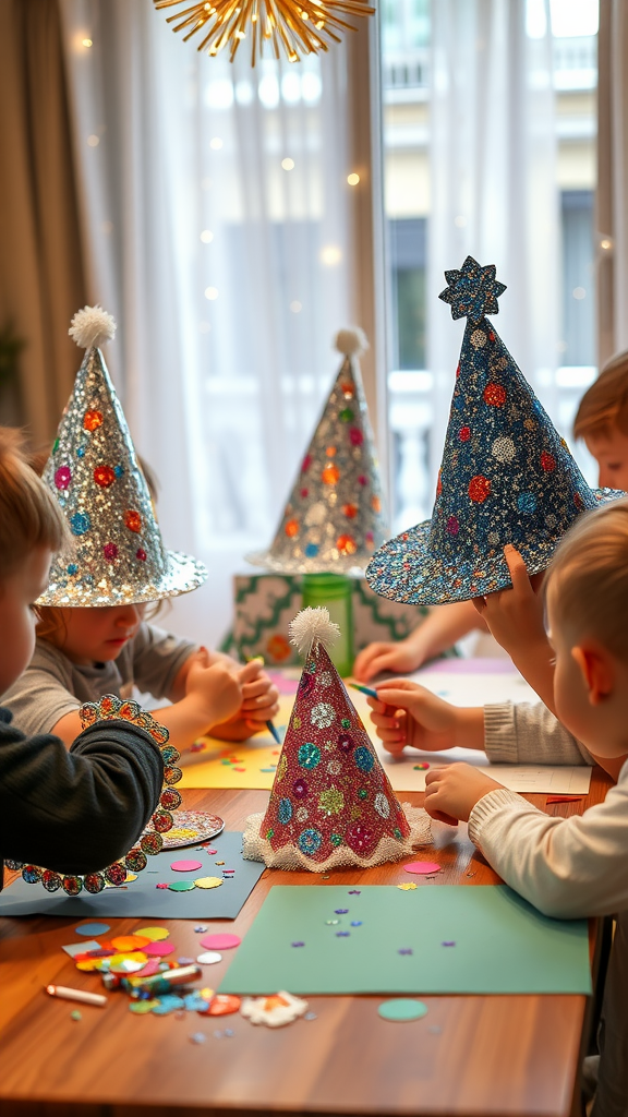 Children making colorful DIY hats for New Year's Eve