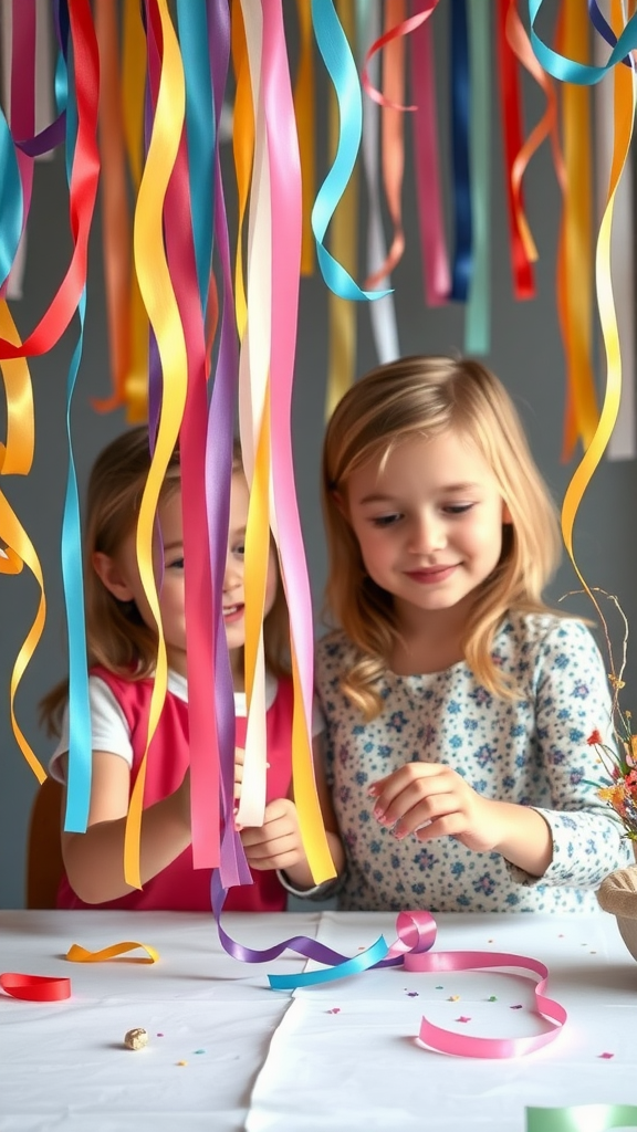 Two children making colorful DIY streamers for a party