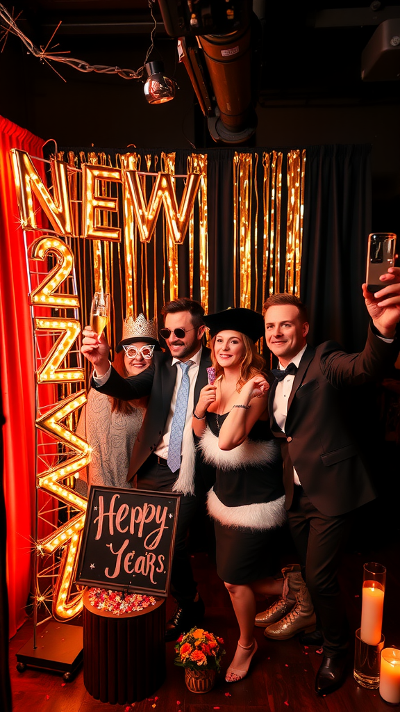 A festive DIY photo booth setup for a New Year's Eve party, featuring props, drinks, and decorations. adults New Year's Eve Party Ideas