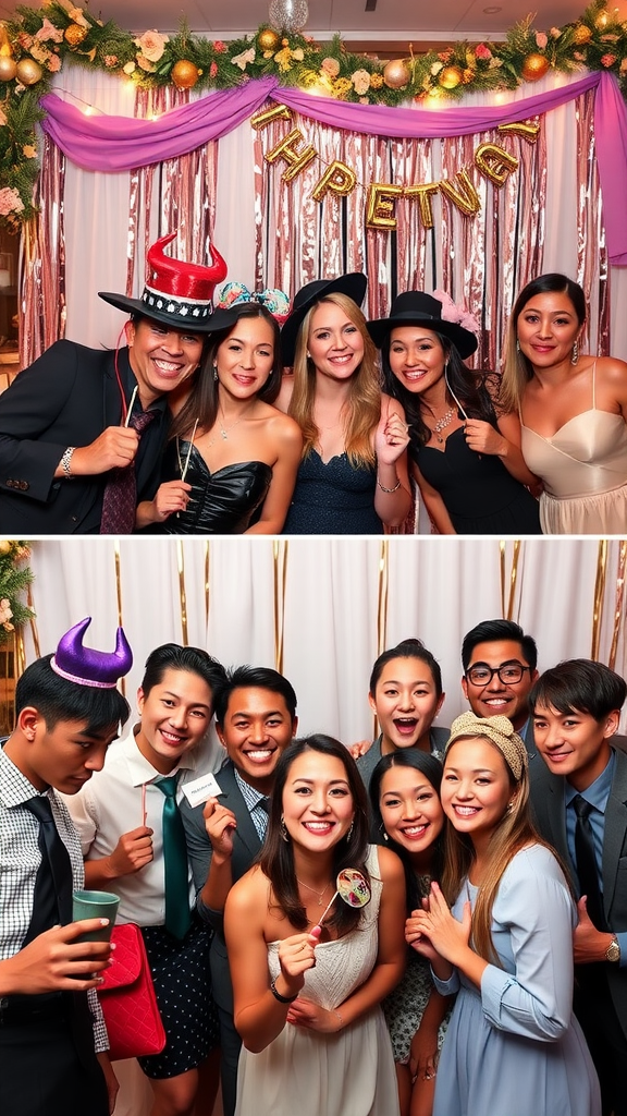 Group of friends enjoying a DIY photo booth with props and a festive backdrop.