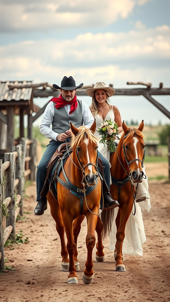 A couple arriving on horseback for a wedding, with the groom in cowboy attire and the bride in a white dress, both looking happy.