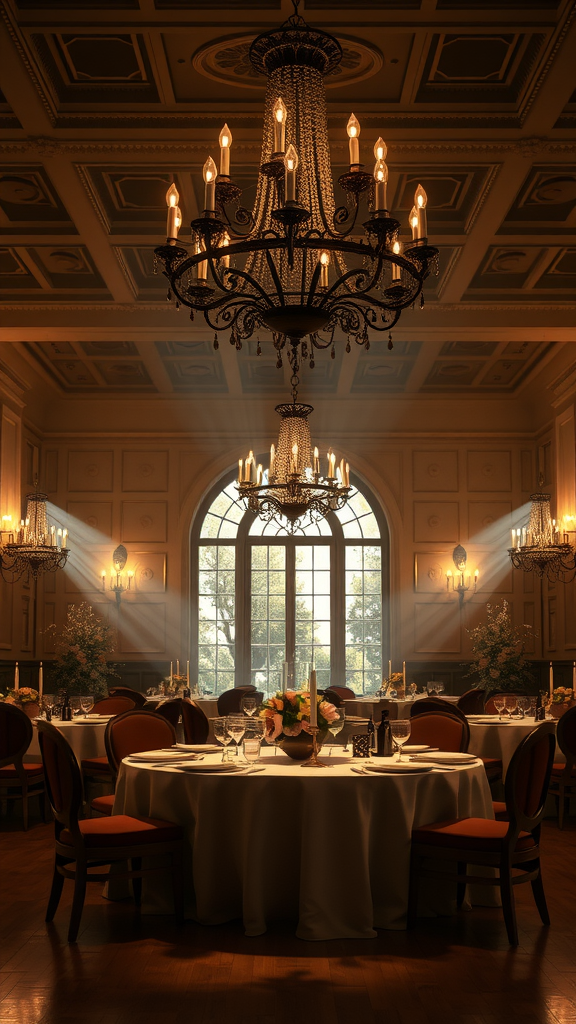 A dining room with elegant chandeliers and dramatic lighting, suitable for romantic occasions.