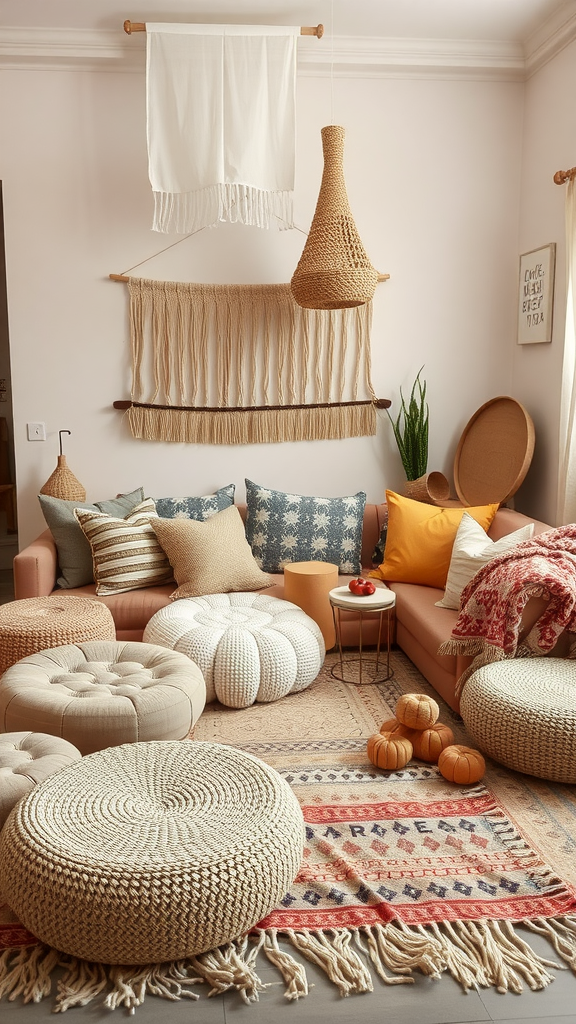 A cozy lounge area with poufs, cushions, and boho decor