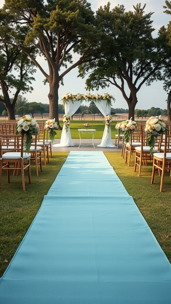 A wedding setup featuring a dusty blue aisle runner, wooden chairs, and floral decorations.