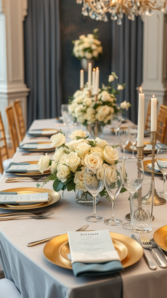 Elegant table setting featuring dusty blue and gold colors with flowers and candles