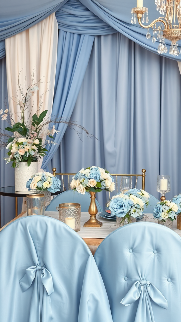 A beautifully arranged table featuring dusty blue and silver decor with floral arrangements.