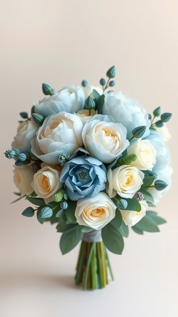 A beautiful dusty blue bridal bouquet featuring roses and a succulent, arranged with green foliage.