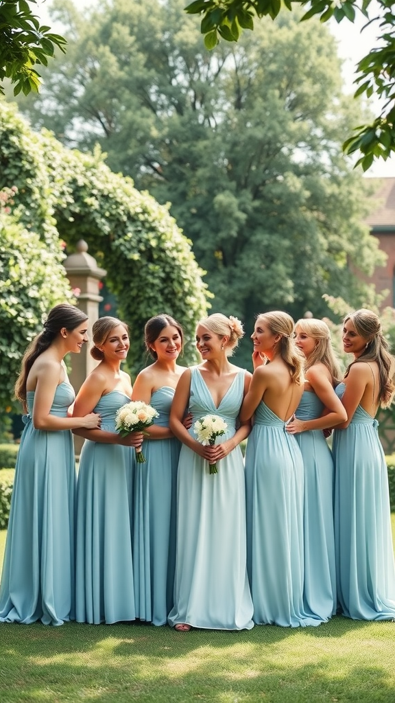 Group of bridesmaids in dusty blue dresses with floral bouquets in a garden setting