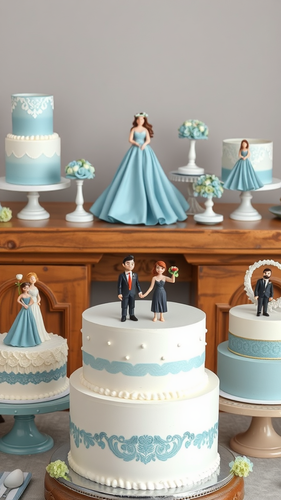 Display of multiple wedding cakes with dusty blue cake toppers and figurines