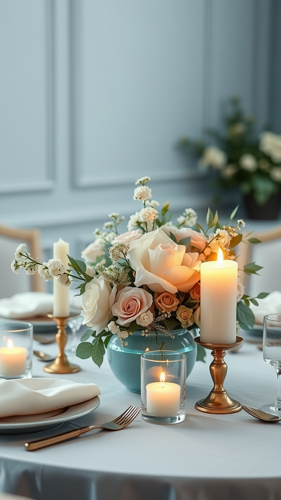 Elegant dusty blue floral centerpiece with candles on a dining table.