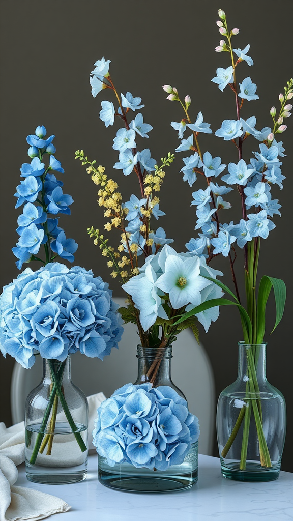 A collection of dusty blue flowers in glass vases, including hydrangeas and orchids, arranged beautifully on a table.