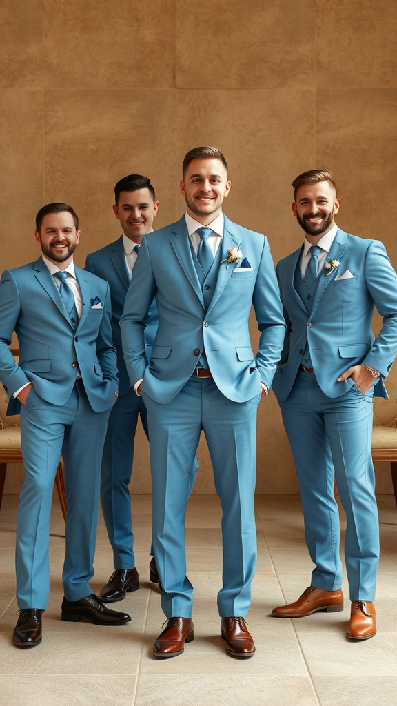 Group of groomsmen in dusty blue suits, standing together.