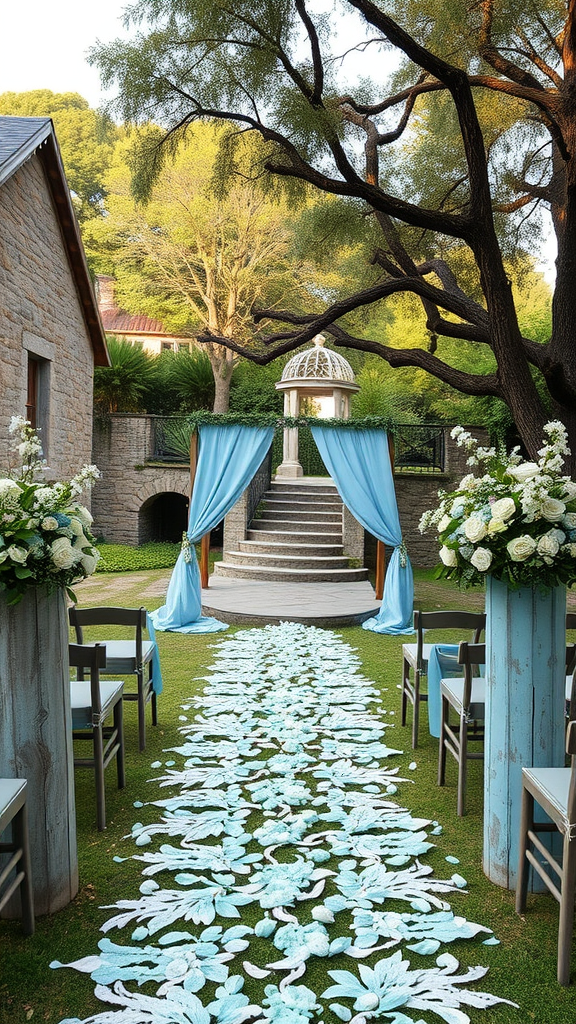 Dusty blue outdoor wedding ceremony setup with floral decorations and drapes