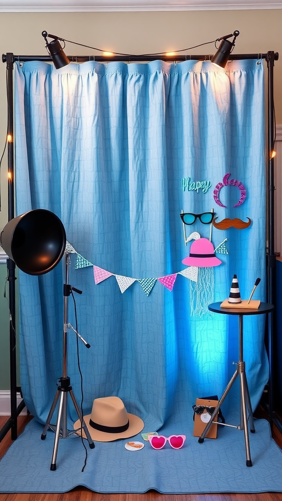 A dusty blue photo booth backdrop with fun props like hats, glasses, and string lights.