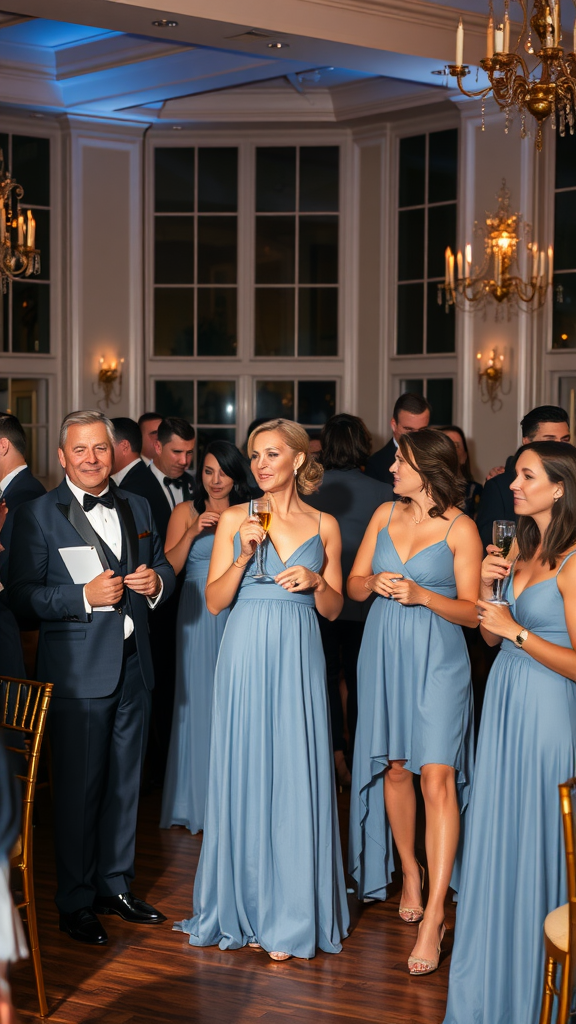 Women wearing dusty blue dresses at a reception, with a man in a tuxedo.